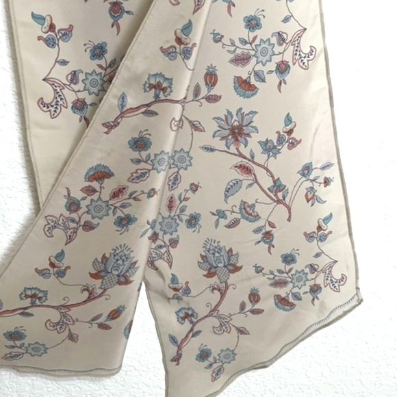 Floral Silk Blend Ivory Blue Pink Floral Print Accent Scarf Hair Tie - Picture 6 of 10
